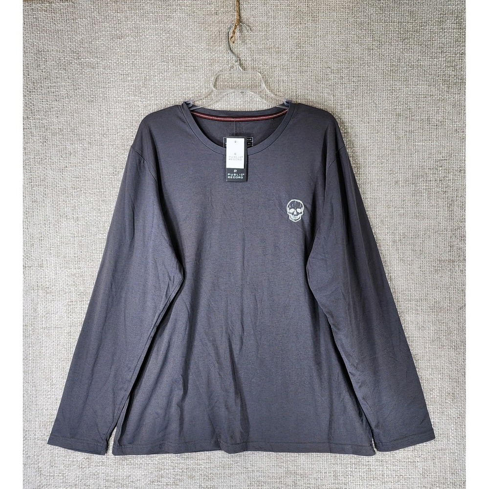 Public Record Premium Long Sleeve T-Shirt Mens 2XL‎ Charcoal Skull Logo NWT